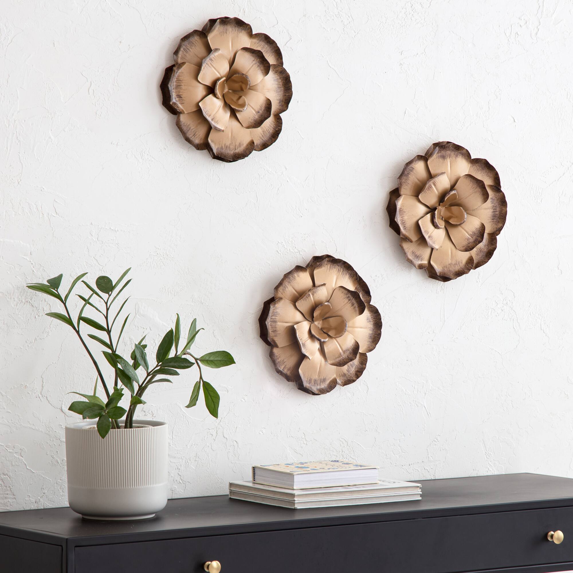Habitat Decor Zinnias Bronze Flower Metal Wall Art Set